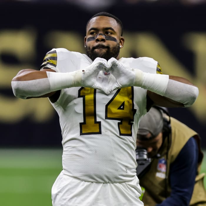 Oct 31, 2021; New Orleans, Louisiana, USA; New Orleans Saints running back Mark Ingram II (14) is announced to the fans against Tampa Bay Buccaneers during the first half at Caesars Superdome. Mandatory Credit: Stephen Lew-USA