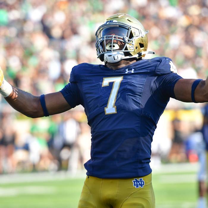 Isaiah Foskey (7) celebrates after a sack in the fourth quarter against the Purdue Boilermakers