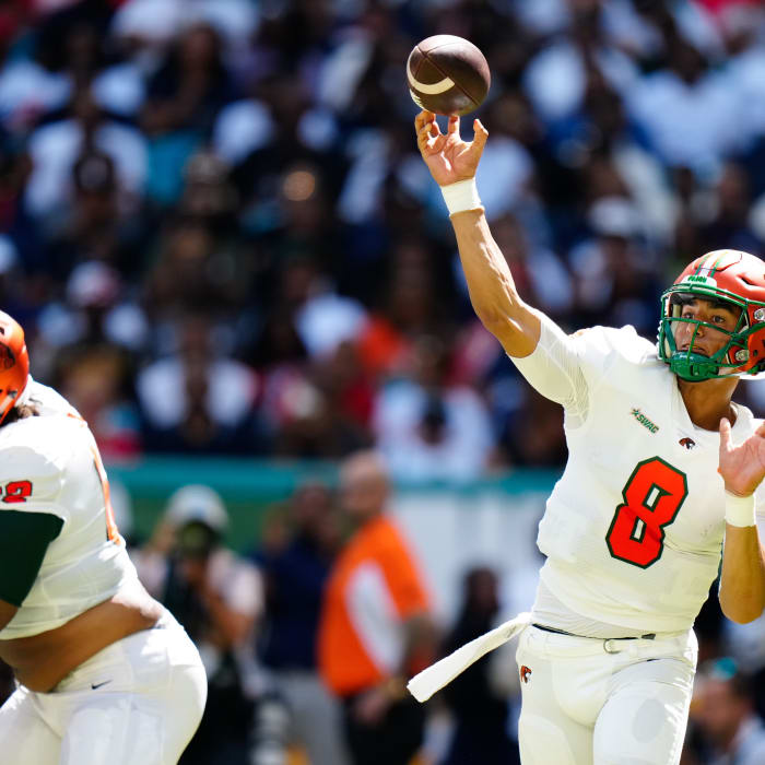 Sep 4, 2022; Miami, Florida, US; Florida A&M Rattlers quarterback Jeremy Moussa (8) throws a pass against the Jackson State Tigers during the first quarter at Hard Rock Stadium. Mandatory Credit: Rich Storry-USA TODAY Sports
