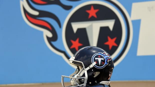 View of the Tennessee Titans new helmet during minicamp at Saint Thomas Sports Park.