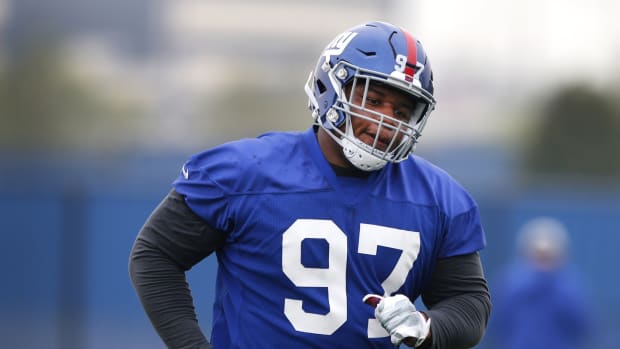 May 3, 2019; East Rutherford, NJ, USA; New York Giants defensive lineman Dexter Lawrence (97) during rookie minicamp at Quest Diagnostic Training Center.