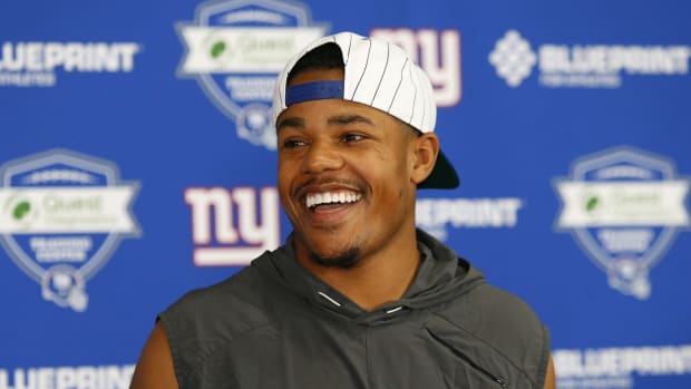 Jun 4, 2019; East Rutherford, NJ, USA; New York Giants wide receiver Sterling Shepard responds to questions from the media during mini camp at Quest Diagnostic Training Center.