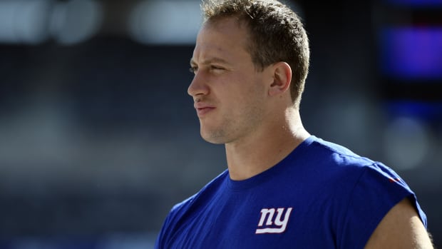 Sep 30, 2018; East Rutherford, NJ, USA; New York Giants offensive tackle Nate Solder on the field before facing the New Orleans Saints at MetLife Stadium.