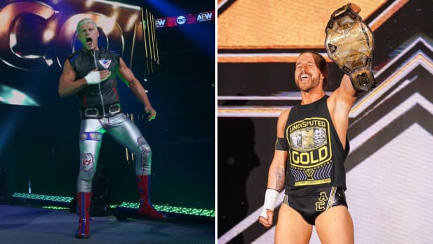 Split image of AEW's Cody Rhodes and NXT's Adam Cole