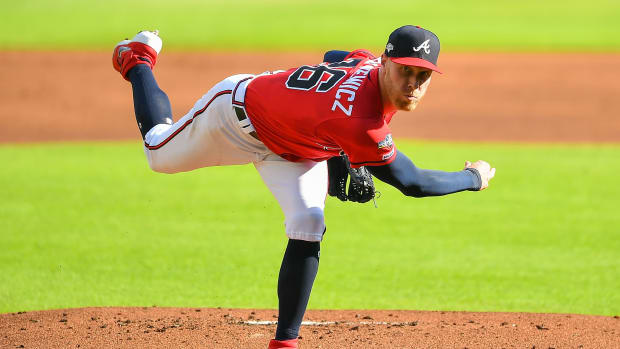 ATLANTA, GA OCTOBER 04: Atlanta Braves starting pitcher Mike Foltynewicz (26) throws a pitch during the National League Division Series game 2 between the St. Louis Cardinals and the Atlanta Braves on October 4th, 2019 at SunTrust Park in Atlanta, GA. (Photo by Rich von Biberstein/Icon Sportswire via Getty Images)