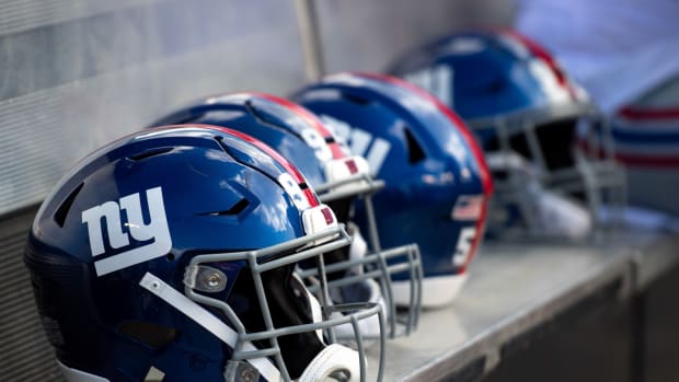 Sep 22, 2019; Tampa, FL, USA; General view of New York Giants helmets on the bench prior to the game against the Tampa Bay Buccaneers at Raymond James Stadium. Mandatory Credit: Douglas DeFelice-USA TODAY Sports