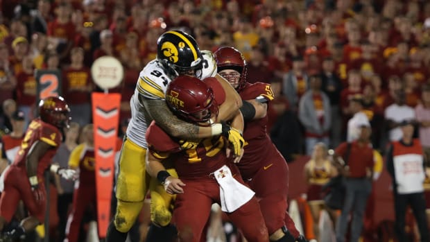 Iowa's A.J. Epenesa gets to Iowa State quarterback Brock Purdy in the Sept. 14 game in Ames.