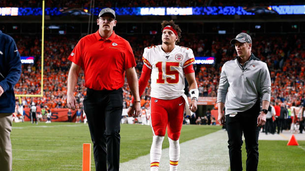 Patrick Mahomes walks off the field during the Chiefs' Thursday night win against the Denver Broncos.