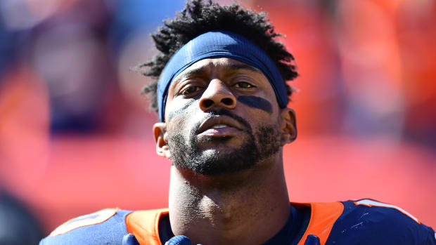 Emmanuel Sanders before the game against the Tennessee Titans at Empower Field at Mile High Stadium.