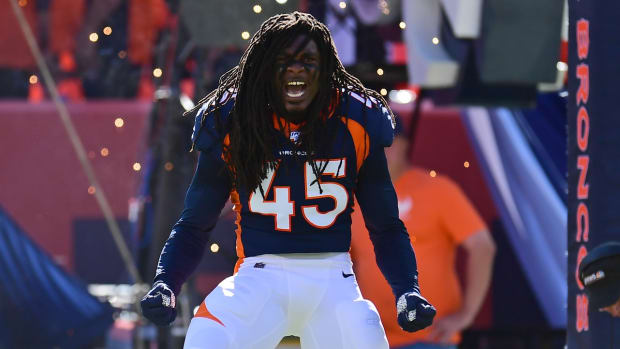 Oct 13, 2019; Denver, CO, USA; Denver Broncos linebacker Alexander Johnson (45) enters the field before the game against the Tennessee Titans at Empower Field at Mile High.