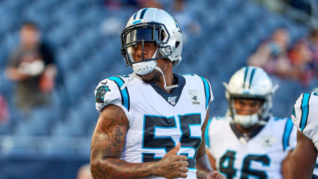 CHICAGO, IL - AUGUST 08: Carolina Panthers defensive end Bruce Irvin (55) warms up prior to game action during a NFL preseason game between the Carolina Panthers and the Chicago Bears on August 8, 2019 at Soldier Field, in Chicago, IL. (Photo by Robin Alam/Icon Sportswire via Getty Images)