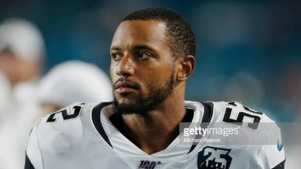 MIAMI, FLORIDA - AUGUST 22:  Najee Goode #52 of the Jacksonville Jaguars looks on against the Miami Dolphins during the preseason game at Hard Rock Stadium on August 22, 2019 in Miami, Florida. (Photo by Michael Reaves/Getty Images)