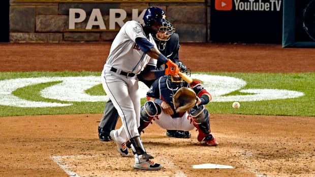 Oct 27, 2019; Washington, DC, USA; Houston Astros left fielder Yordan Alvarez (44) hits a single during the fourth inning against the Washington Nationals in game five of the 2019 World Series at Nationals Park. Mandatory Credit: Tommy Gilligan-USA TODAY Sports