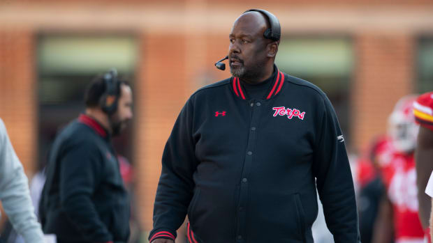 Maryland Terrapins head coach Mike Locksley walks down the sideline during the third quarter against the Michigan Wolverines at Capital One Field at Maryland Stadium. Mandatory Credit: Tommy Gilligan-USA TODAY Sports