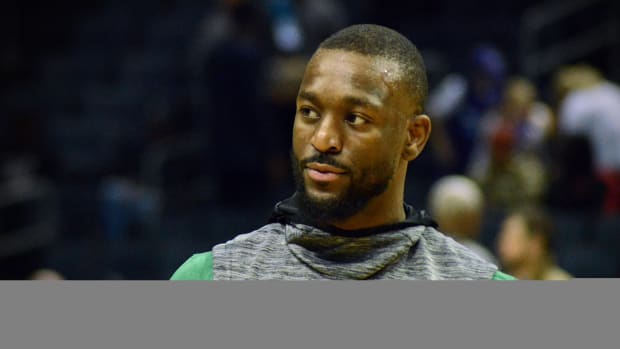 Boston Celtics' guard Kemba Walker warms up at the Spectrum Center on Nov. 7, 2019 before a game against the Charlotte Hornets. (Mitchell Northam / Hornet Maven - Sports Illustrated)