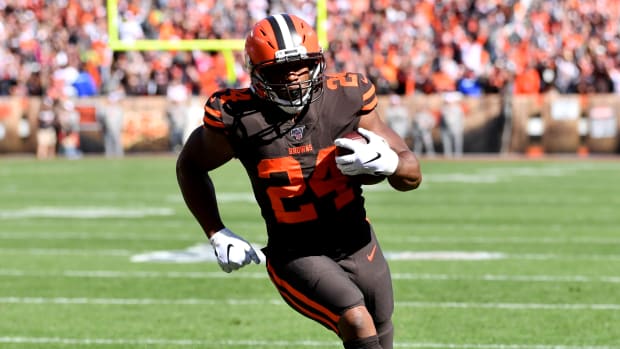 Oct 13, 2019; Cleveland, OH, USA; Cleveland Browns running back Nick Chubb (24) scores a touchdown during the first half against the Seattle Seahawks at FirstEnergy Stadium. Mandatory Credit: Ken Blaze-USA TODAY Sports