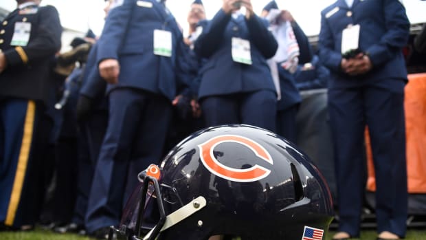 Nov 10, 2019; Chicago, IL, USA; A detailed view of the Chicago Bears helmet before the game against the Detroit Lions at Soldier Field. Mandatory Credit: Mike DiNovo-USA TODAY Sports