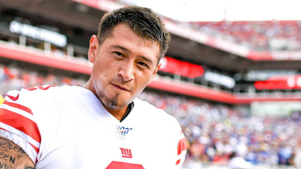 ep 22, 2019; Tampa, FL, USA; New York Giants kicker Aldrick Rosas (2) prior to the game against the Tampa Bay Buccaneers at Raymond James Stadium.