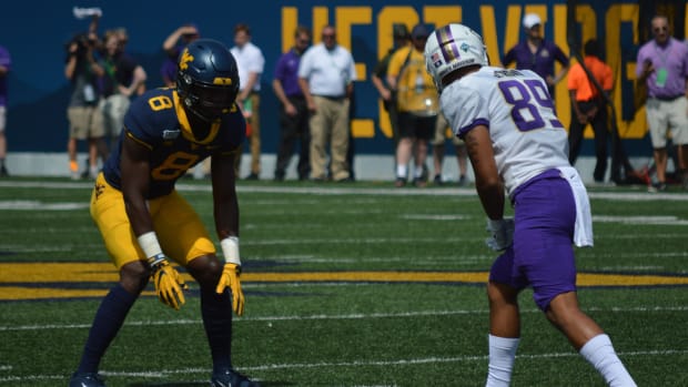 West Virginia defensive back Kwantel Raines lined up in the season home-opener versus James Madison.