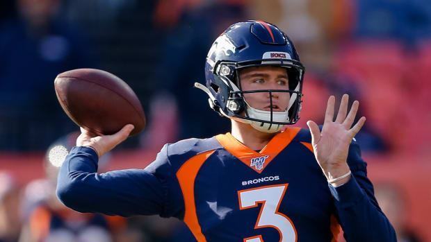 Denver Broncos quarterback Drew Lock (3) warms up before the game against the Los Angeles Chargers at Empower Field at Mile High.
