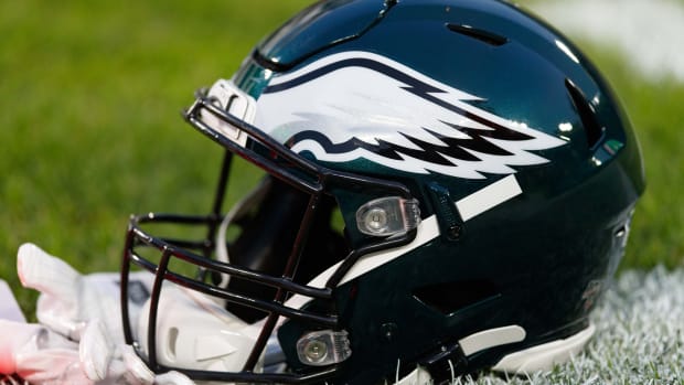 Sep 26, 2019; Green Bay, WI, USA; A Philadelphia Eagles helmet sits on the field during warmups prior to the game against the Green Bay Packers at Lambeau Field.