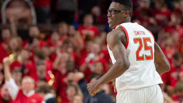 Maryland Terrapins forward Jalen Smith (25) reacts aft making a three point shot during the second half against the Notre Dame Fighting Irish at XFINITY Center.