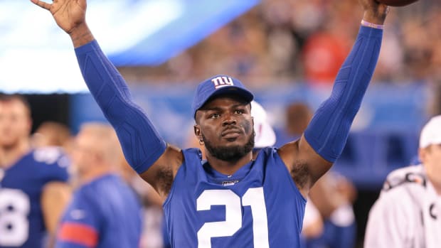 Aug 16, 2019; East Rutherford, NJ, USA; New York Giants free safety Jabrill Peppers (21) celebrates during the second half against the Chicago Bears at MetLife Stadium.