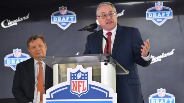 May 23, 2019; Cleveland, OH, USA; Cuyahoga County executive Armond Budish speaks during a press conference in Public Square to announce Cleveland as the host of the 2021 NFL draft.