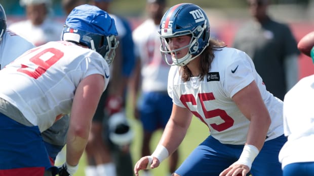 Jul 25, 2019; East Rutherford, NJ, USA; New York Giants offensive guard Nick Gates (65) in action during the first day of training camp at Quest Diagnostics Training Center. M