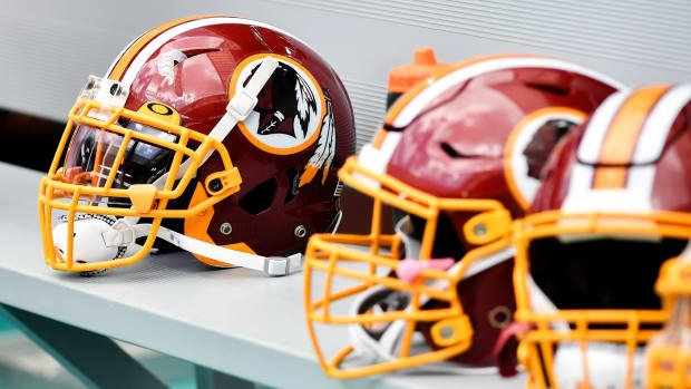 Oct 13, 2019; Miami Gardens, FL, USA; Washington Redskins helmets are seen on the bench against the Miami Dolphins during the first half at Hard Rock Stadium.