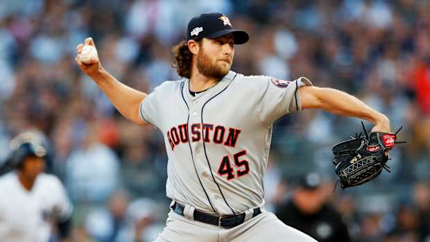 Oct 15, 2019; Bronx, NY, USA; Houston Astros starting pitcher Gerrit Cole (45) throws against the New York Yankees during the second inning of game three of the 2019 ALCS playoff baseball series at Yankee Stadium. Mandatory Credit: Noah K. Murray-USA TODAY Sports