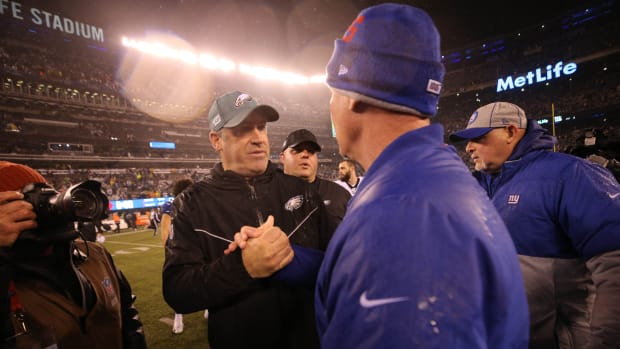 Dec 29, 2019; East Rutherford, New Jersey, USA; Philadelphia Eagles head coach Doug Pederson shakes hands with New York Giants head coach Pat Shurmur after a game at MetLife Stadium.