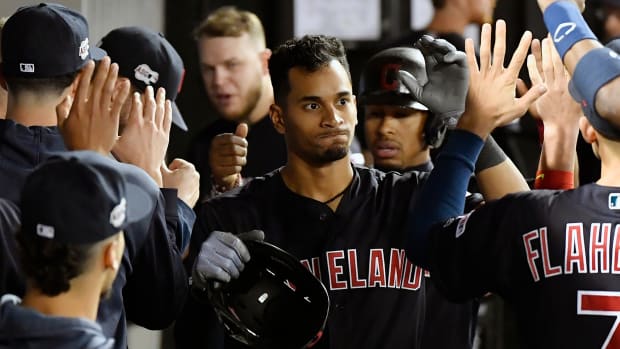 Sep 24, 2019; Chicago, IL, USA; Cleveland Indians center fielder Oscar Mercado (35) celebrates in the dugout with teammates after hitting a three run home run in the fifth inning against the Chicago White Sox at Guaranteed Rate Field.