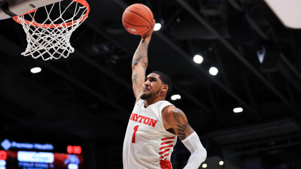 Dec 30, 2019; Dayton, Ohio, USA; Dayton Flyers forward Obi Toppin (1) dunks the ball against the North Florida Ospreys in the second half at University of Dayton Arena. Mandatory Credit: Aaron Doster-USA TODAY Sports