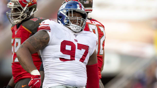 Sep 22, 2019; Tampa, FL, USA; New York Giants defensive tackle Dexter Lawrence (97) reacts during the third quarter against the Tampa Bay Buccaneers at Raymond James Stadium.