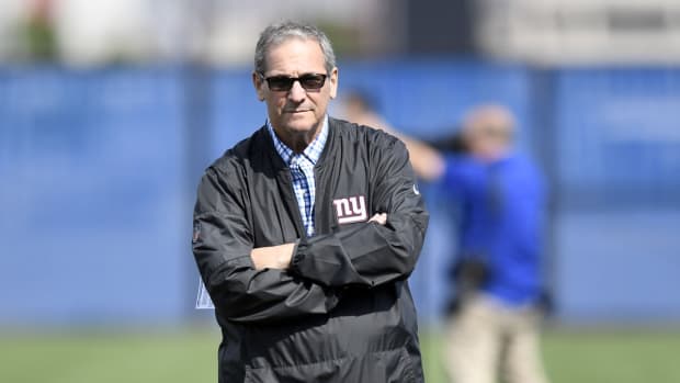 May 11, 2018; East Rutherford, NJ, USA; New York Giants general manager Dave Gettleman on the field during rookie minicamp at Quest Diagnostics Training Center on Friday.