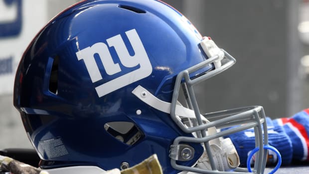 Nov 24, 2019; Chicago, IL, USA; A detailed view of the New York Giants helmet during the second half against the Chicago Bears at Soldier Field. Mandatory Credit: Mike DiNovo-USA TODAY Sports
