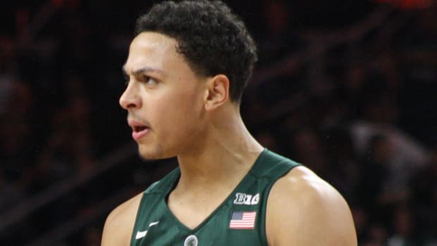 Bryn Forbes went off for a MSU & Big Ten record 11 three point shots made vs Rutgers March 2, 2016.  Photo courtesy of Austin Jay.