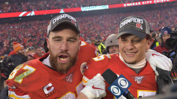 Jan 19, 2020; Kansas City, Missouri, USA; Kansas City Chiefs quarterback Patrick Mahomes (15) celebrates with tight end Travis Kelce (87) after the AFC Championship Game against the Tennessee Titans at Arrowhead Stadium. Mandatory Credit: Denny Medley-USA TODAY Sports