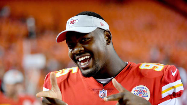 Aug 30, 2018; Kansas City, MO, USA; Kansas City Chiefs defensive tackle Chris Jones (95) poses for a photo on the sidelines during the second half against the Green Bay Packers at Arrowhead Stadium. Mandatory Credit: Denny Medley-USA TODAY Sports