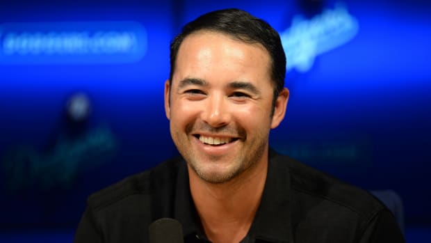 August 3, 2018; Los Angeles, CA, USA; Former Los Angeles Dodgers player Andre Ethier speaks to media regarding his decision to retire before the game between the Los Angeles Dodgers and Houston Astros at Dodger Stadium. Mandatory Credit: Gary A. Vasquez-USA TODAY Sports