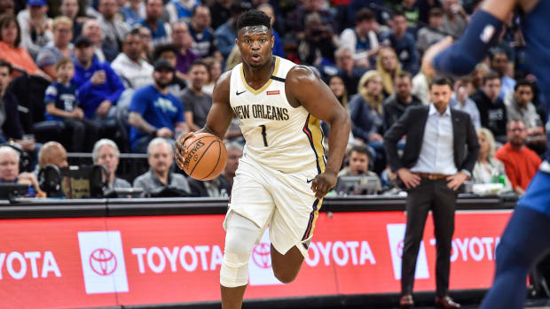 Mar 8, 2020; Minneapolis, Minnesota, USA; New Orleans Pelicans forward Zion Williamson (1) controls the ball against the Minnesota Timberwolves during the first quarter at Target Center. Mandatory Credit: Jeffrey Becker-USA TODAY Sports