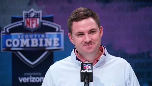 Feb 25, 2020; Indianapolis, Indiana, USA; Cincinnati Bengals coach Zac Taylor speaks during the NFL Scouting Combine at the Indiana Convention Center. Mandatory Credit: Kirby Lee-USA TODAY Sports