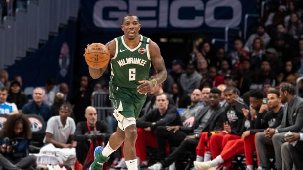 Feb 24, 2020; Washington, District of Columbia, USA; Milwaukee Bucks guard Eric Bledsoe (6) dribbles up the court during the second half against the Washington Wizards at Capital One Arena.