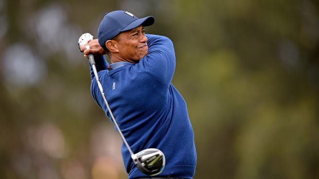 Aug 6, 2020; San Francisco, California, USA; Tiger Woods tees off on the 4th during the first round of the 2020 PGA Championship golf tournament at TPC Harding Park.