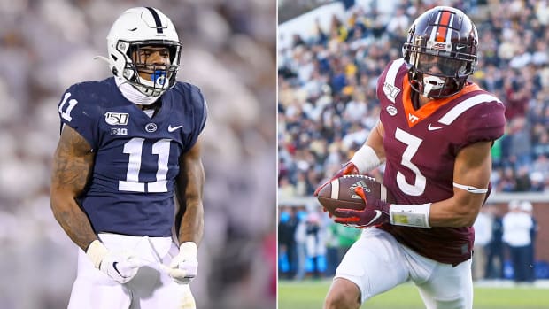 Penn State linebacker Micah Parsons (left) and Virginia Tech defensive back Caleb Farley have both opted out of the 2020 college football season.