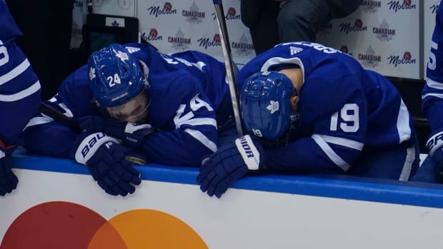 Toronto Maple Leafs forward Kasperi Kapanen (24) and forward Jason Spezza (19) react after a loss to the Columbus Blue Jackets during the third period of game five of the Eastern Conference qualification