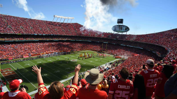 Sep 11, 2016; Kansas City, MO, USA; Kansas City Chiefs fans cheer during introductions before the game against the San Diego Chargers at Arrowhead Stadium. Kansas City won 33-27. Mandatory Credit: John Rieger-USA TODAY Sports