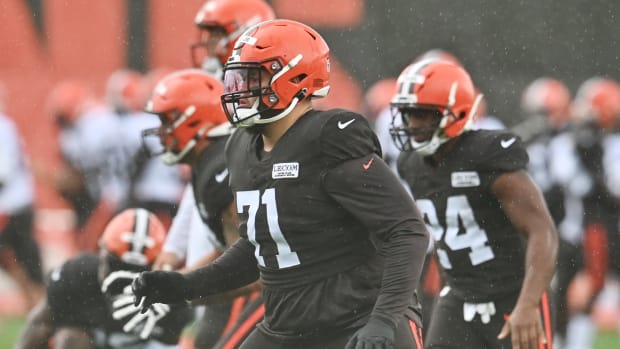Aug 17, 2020; Berea, Ohio, USA; Cleveland Browns offensive tackle Jedrick Wills Jr. (71) works on his footwork during training camp at the Cleveland Browns training facility. Mandatory Credit: Ken Blaze-USA TODAY Sports