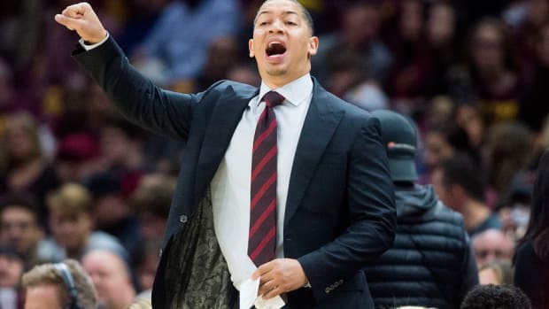 Former Cleveland Cavaliers coach Tyronn Lue shouts out a play during a game against the Atlanta Hawks in 2018.